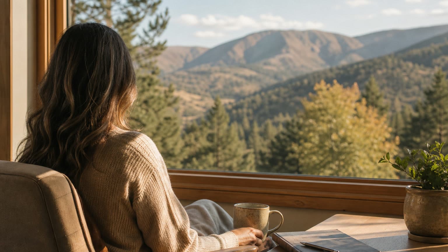 Adult sitting beside a sunlit window with a journal and cup of tea, looking toward Colorado foothills