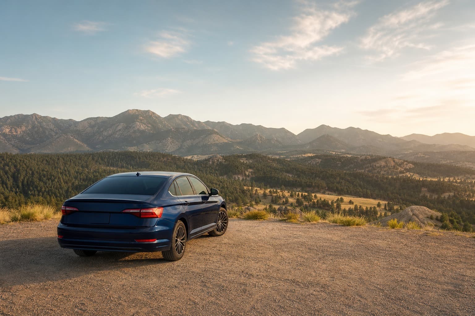 Unbranded sedan parked at a quiet Colorado overlook with Rocky Mountain foothills in warm afternoon light.