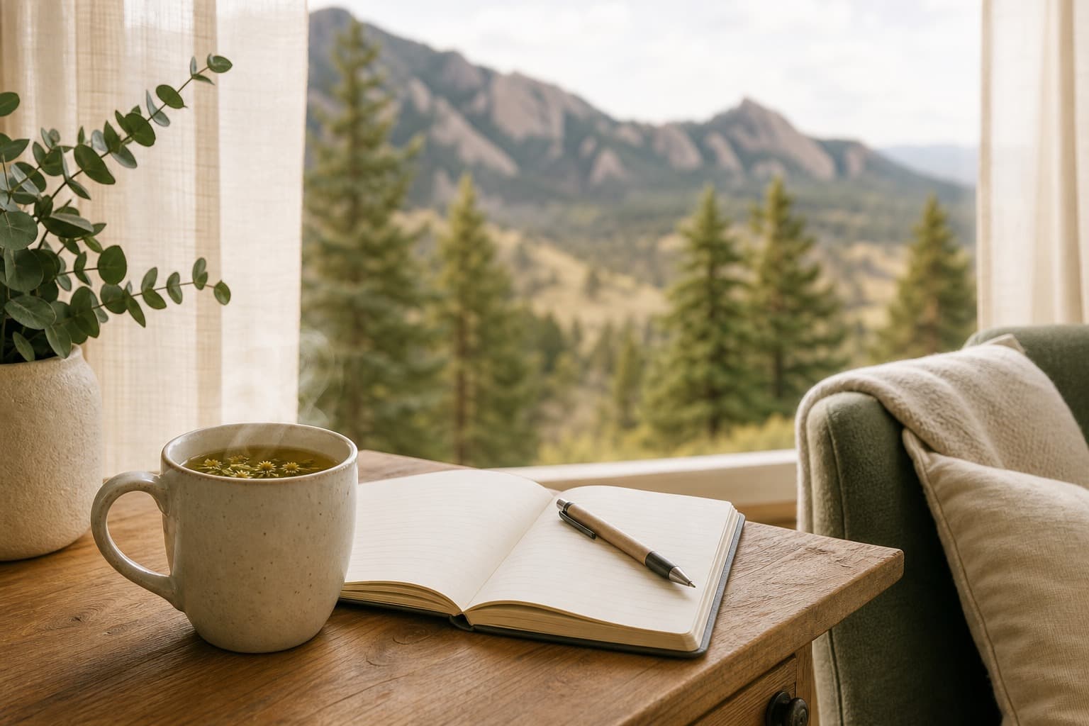 Open journal and warm mug beside a window with a view of Colorado's Flatirons, evoking calm before a therapy session