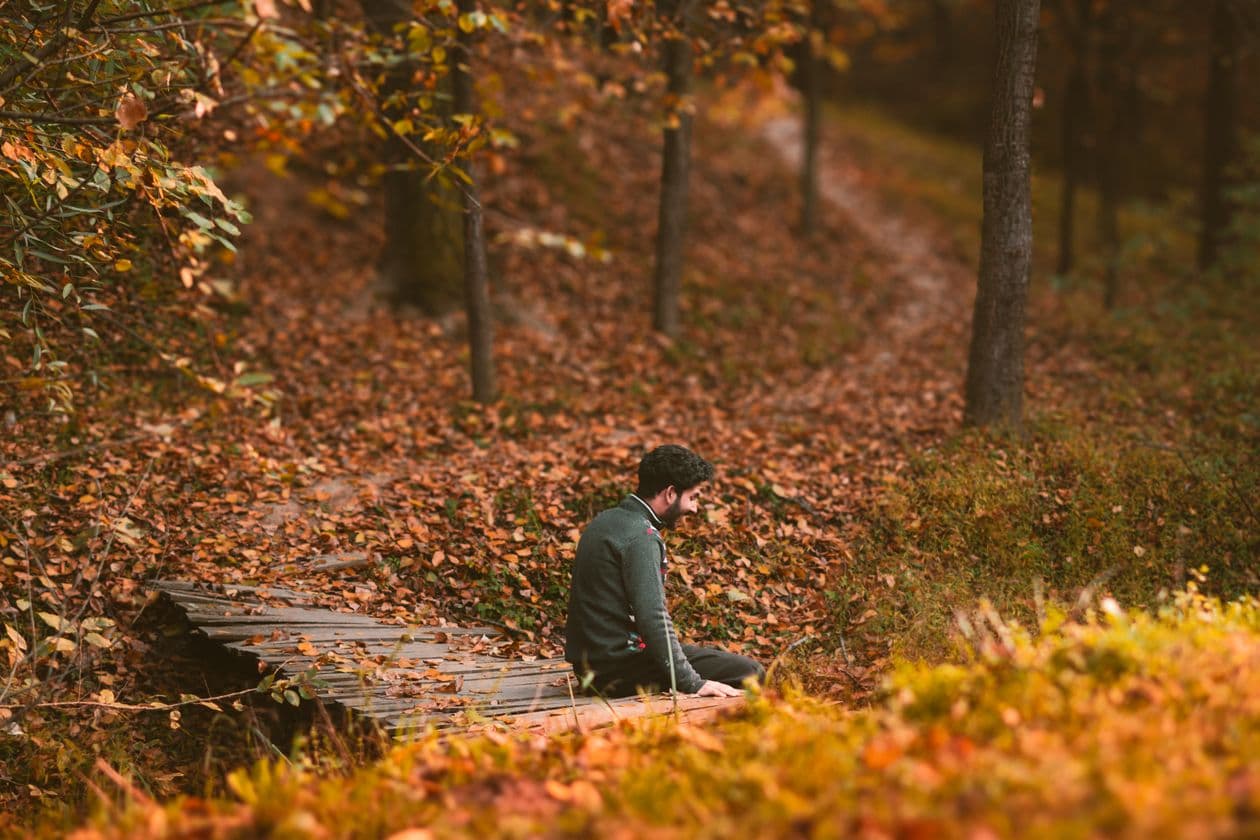 Person sitting alone on a forest path in autumn, reflecting in quiet solitude