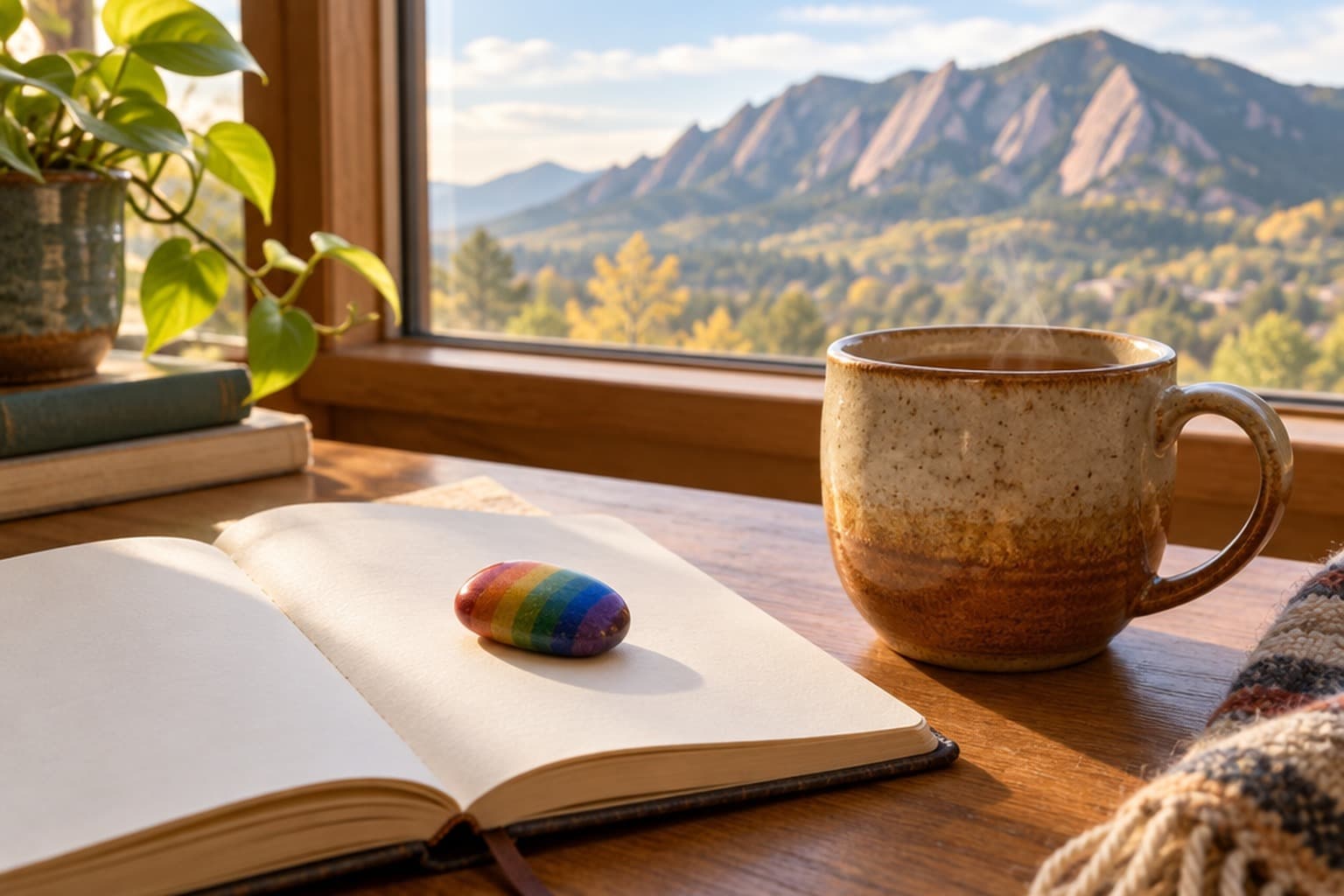 A small rainbow-striped stone resting on an open journal beside a warm mug, with Colorado's Flatirons visible through the window, evoking quiet affirmation and calm.