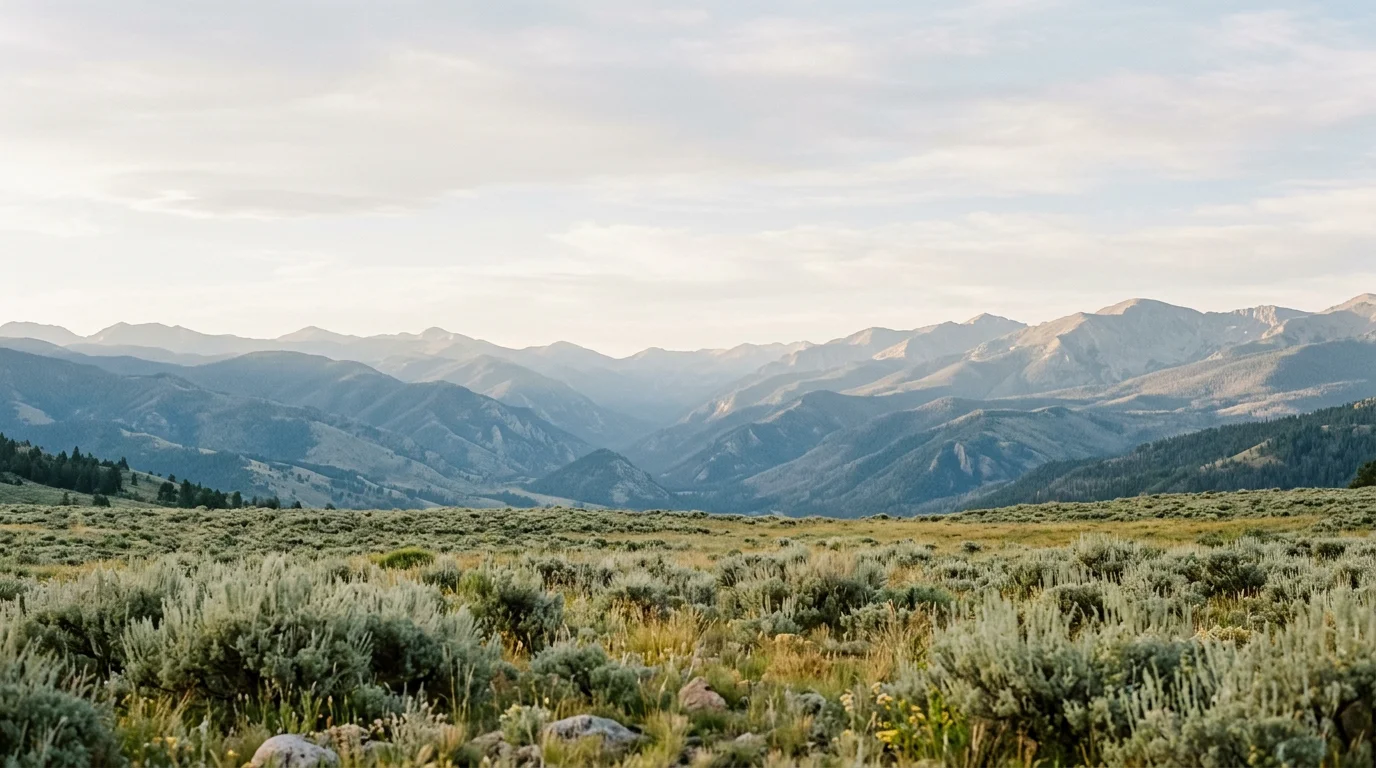 Illustrated Colorado mountain landscape in soft morning light