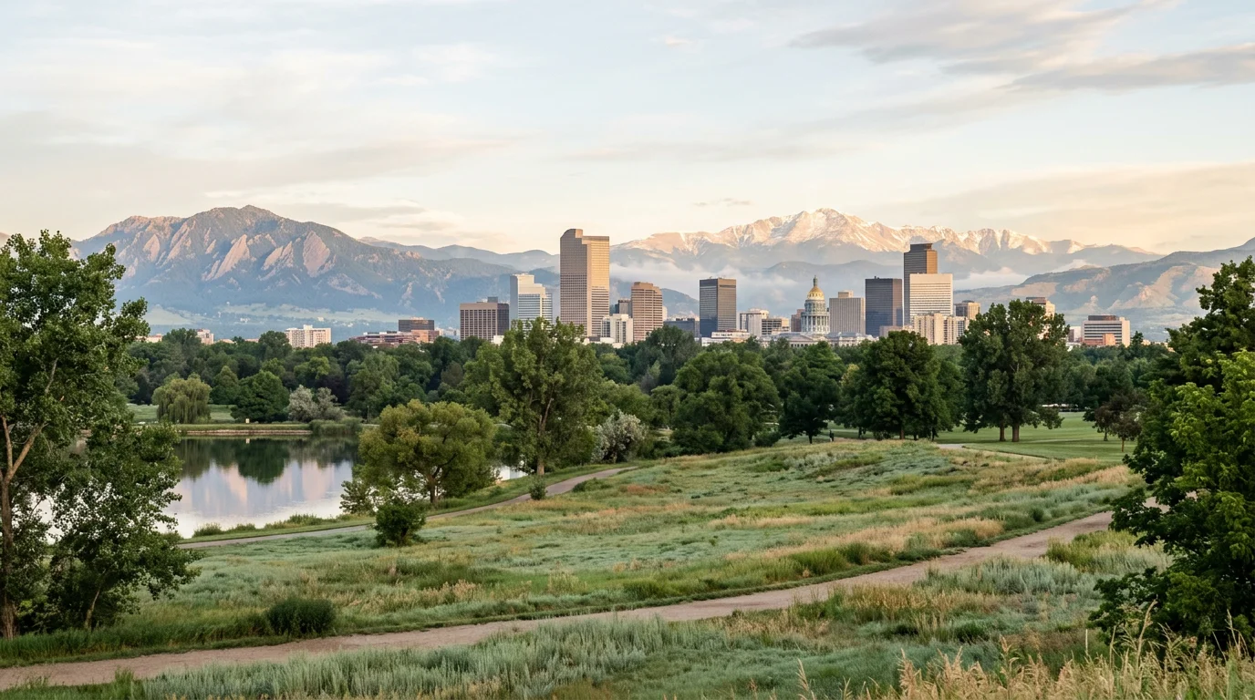 Illustration inspired by the Denver skyline with the Rocky Mountains beyond