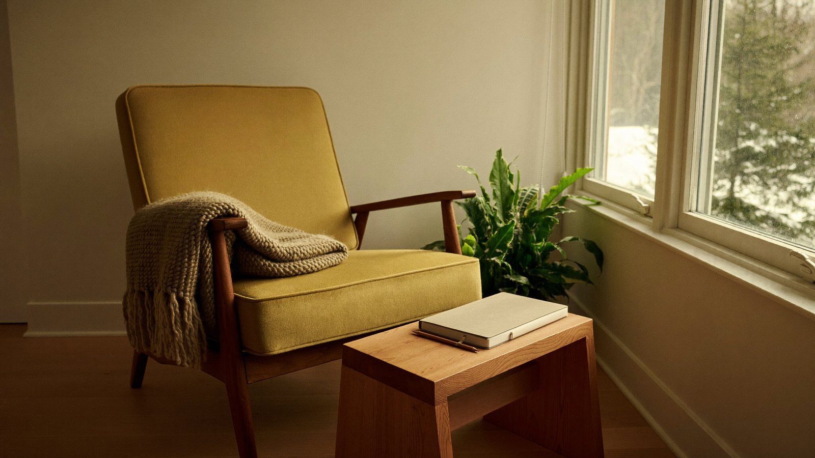 Quiet room with an empty chair and notebook beside a window