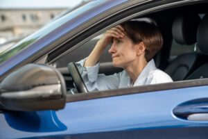 burnout.,tired,unhappy,woman,sitting,inside,car.,exhausted,female,of